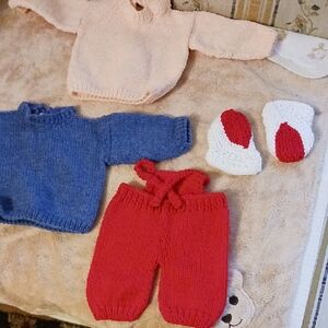 Hand-Knitted Doll Clothing Set - Blue, Red, Pink, White